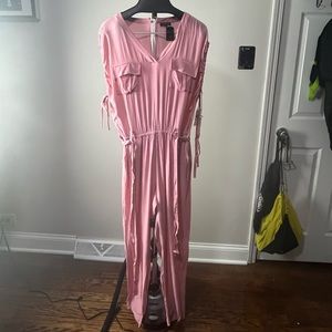 Pink v-neck with cargo inspired pockets jumpsuit size medium